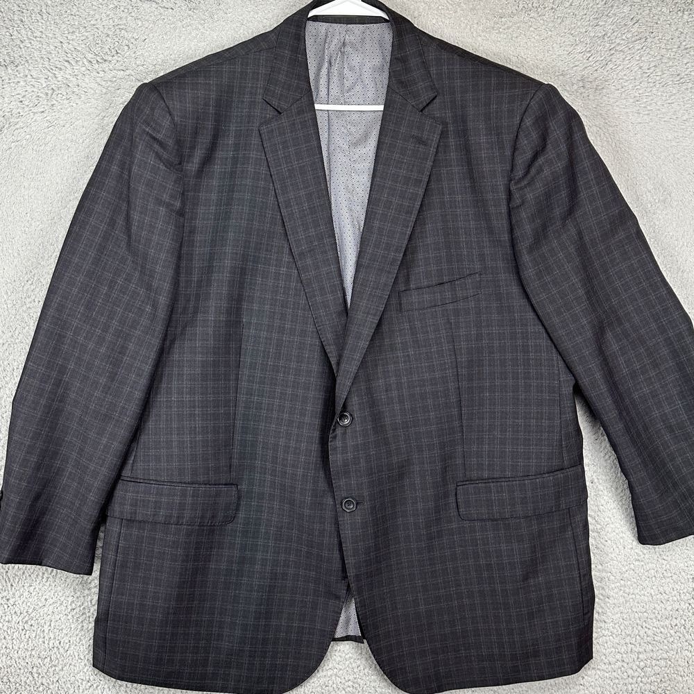 J. Hilburn Sport Coat Blazer Mens 51R Charcoal Gray Plaid Wool Made in Portugal